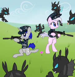 Size: 900x930 | Tagged: safe, artist:arrkhal, derpibooru import, oc, oc only, oc:heartcall, oc:sonar ping, changeling, pony, unicorn, :p, bipedal, drool, flower, fn fal, gun, raspberry, rifle, tongue out, weapon