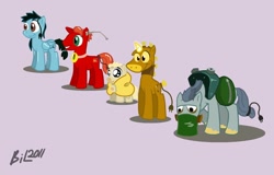 Size: 900x576 | Tagged: safe, artist:glitchbreaker, derpibooru import, earth pony, pony, unicorn, blanket, blanky (brave little toaster), brave little toaster, choker, cute, eating, feed bag, glowing horn, grin, kirby (brave little toaster), plug, ponified, radio (brave little toaster), saddle bag, smiling, tail wrap, toaster, toaster (brave little toaster)