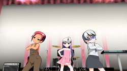 Size: 1920x1080 | Tagged: safe, artist:starhedgehog55, babs seed, diamond tiara, silver spoon, belt, clothes, dance x mixer, dress, glasses, humanized, musical instrument, overalls, skirt, spotlight, stage