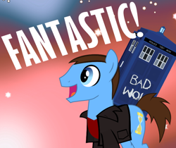 Size: 650x546 | Tagged: safe, derpibooru import, doctor whooves, bad wolf, doctor who, fantastic, jumper, leather, ninth doctor, peacoat, solo, tardis