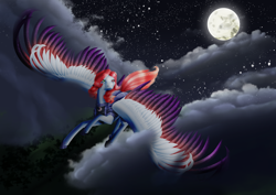 Size: 3508x2480 | Tagged: safe, artist:oneiria-fylakas, oc, oc only, oc:black skel, pegasus, pony, armor, colored wings, female, flying, mare, moon, multicolored wings, night, solo, wings