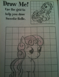 Size: 500x655 | Tagged: safe, derpibooru import, sweetie belle, sweetie belle (g3), pony, unicorn, g3, g4, activity book, drawing, g3 to g4, generation leap, grid, irl