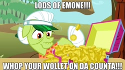 Size: 1280x720 | Tagged: safe, derpibooru import, edit, edited screencap, screencap, granny smith, the super speedy cider squeezy 6000, bits, british, harry enfield, loadsamoney, lyrics, solo, song reference, text