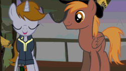 Size: 854x480 | Tagged: safe, artist:teschke, derpibooru import, oc, oc only, oc:calamity, oc:littlepip, pegasus, pony, unicorn, fallout equestria, animated, clothes, fallout, fanfic, fanfic art, female, gif, hat, horn, male, mare, pipbuck, stallion, vault suit, wings