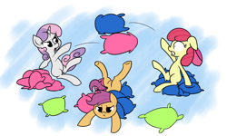 Size: 1500x900 | Tagged: safe, artist:rice, derpibooru import, apple bloom, scootaloo, sweetie belle, cutie mark crusaders, pillow, pillow fight