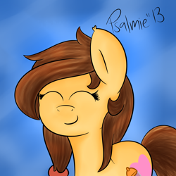 Size: 1500x1500 | Tagged: safe, artist:psalmie, derpibooru import, oc, oc only, oc:cream heart, earth pony, pony, button's adventures, cutie mark, eyes closed, female, mare, simple background, smiling, solo