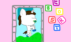 Size: 854x512 | Tagged: safe, artist:jomasterii, derpibooru import, oc, oc only, pony, unicorn, 1000 hours in ms paint, baby, blocks, booties, crib, diaper, foal, pacifier, sleeping, solo, strobe orion