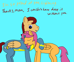 Size: 1200x1000 | Tagged: safe, artist:allonsbro, derpibooru import, scootaloo, oc, oc:lightning blitz, pegasus, pony, blue background, crying, duo, female, liquid pride, male, mother and child, mother and son, motherly scootaloo, offspring, older, older scootaloo, parent and child, parent:rain catcher, parent:scootaloo, parents:catcherloo, simple background, stallion, tumblr, wonderbolts, wonderbolts uniform