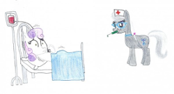 Size: 250x135 | Tagged: artist needed, safe, derpibooru import, silver spoon, sweetie belle, bed, blood, braid, grin, hospital, iv, lowres, needle, nurse, scared, syringe, traditional art, trembling, trypanophobia