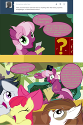 Size: 874x1319 | Tagged: safe, artist:frist44, derpibooru import, apple bloom, cheerilee, pipsqueak, rumble, box, chalk, chalkboard, cheeribetes, cheerilee-s-chalkboard, comic, cute, fluffy, pirate, ponyville schoolhouse, question mark, ruler, rumblebetes, school, speech bubble, squeakabetes, tumblr