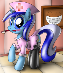 Size: 977x1148 | Tagged: safe, artist:ziemniax, derpibooru import, minuette, series:ziemniax's nurse ponies, clothes, cute, nurse, solo, stockings, toothbrush