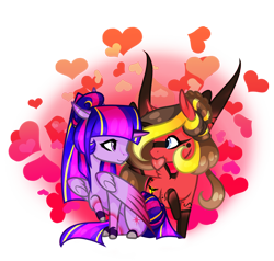 Size: 1024x975 | Tagged: safe, artist:oneiria-fylakas, twilight sparkle, twilight sparkle (alicorn), oc, oc only, oc:oneiria fylakas, alicorn, pegasus, pony, canon x oc, chibi, female, heart, lesbian, mouth hold