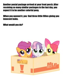 Size: 809x988 | Tagged: safe, derpibooru import, apple bloom, scootaloo, sweetie belle, pony, box, bronybait, cutie mark crusaders, pony in a box, question, text