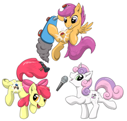 Size: 3500x3333 | Tagged: safe, artist:mekamaned, derpibooru import, apple bloom, scootaloo, sweetie belle, cutie mark, cutie mark crusaders, hammer, high res, microphone, scooter