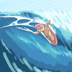 Size: 900x900 | Tagged: safe, artist:thereturnofmuabo, derpibooru import, scootaloo, pony, bipedal, solo, surfing