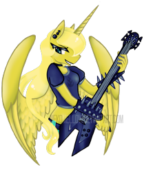 Size: 1347x1612 | Tagged: safe, artist:nekomellow, derpibooru import, oc, oc only, oc:ticket, alicorn, anthro, alicorn oc, anthro oc, guitar, rocker, simple background, solo, transparent background