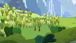 Size: 6667x3750 | Tagged: safe, artist:silentmatten, derpibooru import, absurd resolution, apple orchard, apple tree, mountain, orchard, scenery, tree, vector, waterfall