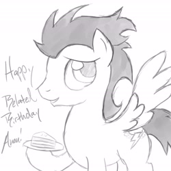 Size: 4608x4608 | Tagged: safe, artist:ms luna, derpibooru import, soarin', absurd resolution, birthday, happy birthday, hoof hold, looking at you, monochrome, pie, smiling, solo, that pony sure does love pies