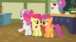 Size: 854x479 | Tagged: safe, derpibooru import, screencap, apple bloom, scootaloo, sweetie belle, hearts and hooves day (episode), balloon, cutie mark crusaders, hearts and hooves day, youtube caption