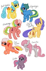 Size: 621x959 | Tagged: safe, artist:parsleydenize, ember (g1), flutterbye, lemon drop, sea breeze, snuzzle, dog, g1, brandy, g1 to g4, generation leap, good weather, night light (g1), tropical ponies