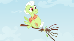 Size: 1920x1080 | Tagged: safe, artist:adcoon, derpibooru import, granny smith, broom, flying, flying broomstick, solo