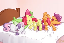 Size: 1500x1000 | Tagged: safe, artist:lordyanyu, derpibooru import, apple bloom, scootaloo, sweetie belle, bed, cutie mark crusaders, sleeping