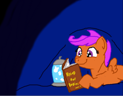 Size: 640x497 | Tagged: safe, artist:etech, derpibooru import, scootaloo, pegasus, book, female, filly, orange coat, purple mane, solo