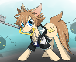 Size: 1024x844 | Tagged: safe, artist:celestial-voyager, derpibooru import, heartless, keyblade, kingdom hearts, mouth hold, ponified, sora