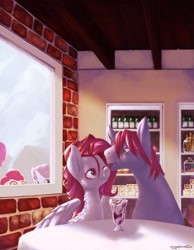 Size: 1120x1440 | Tagged: safe, artist:eosphorite, derpibooru import, apple bloom, scootaloo, sweetie belle, oc, oc:red valerian, oc:strawberry stream, cutie mark crusaders, foodplay, interior, table, voyeur, window