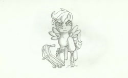 Size: 1616x994 | Tagged: safe, artist:arkand, derpibooru import, scootaloo, monochrome, scooter, solo, traditional art