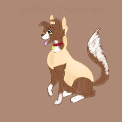 Size: 512x512 | Tagged: safe, artist:candlefire29, winona, dog, 30 minute art challenge, brown background, costume, looking at something, open mouth, profile, simple background, sitting, smiling, solo, text, tongue out