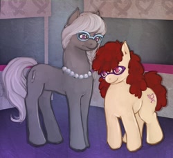 Size: 1240x1138 | Tagged: safe, artist:ronniesponies, derpibooru import, silver spoon, twist, earth pony, pony, female, glasses, lesbian, looking at each other, mare, older, older silver spoon, older twist, shipping, silvertwist, smiling, smiling at each other