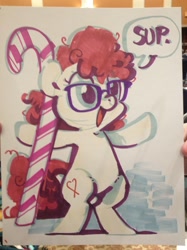 Size: 1280x1707 | Tagged: safe, artist:mittymandi, derpibooru import, twist, pony, bipedal, candy, candy cane, glasses, solo, speech bubble, sup, traditional art