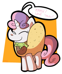 Size: 793x940 | Tagged: safe, artist:putuk, derpibooru import, sweetie belle, clothes, costume, kallisti, pony as food, solo, taco, taco belle, taco suit