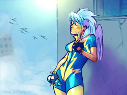 Size: 1023x766 | Tagged: safe, artist:schpog, derpibooru import, cloudchaser, human, bottle, clothes, exhausted, eyes closed, female, fingerless gloves, gloves, humanized, kallisti, solo, winged humanization, wings, wonderbolts uniform