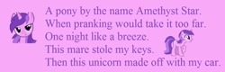 Size: 967x308 | Tagged: safe, amethyst star, pony, unicorn, female, lidded eyes, limerick, mare, open mouth, raised hoof, simple background, smiling, solo, text