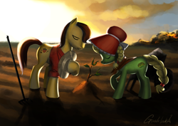 Size: 3541x2507 | Tagged: safe, artist:gashiboka, derpibooru import, granny smith, oc, oc:porky oaks, earth pony, pony, bonnet, canon x oc, eyes closed, hat, sapling, sunset, young granny smith