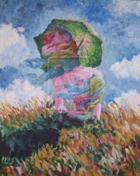 Size: 600x752 | Tagged: safe, artist:sunset80, derpibooru import, parasol (g1), g1, impressionism, modern art, painting, solo, traditional art, umbrella, watermark, windswept mane