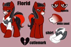 Size: 1800x1200 | Tagged: safe, artist:rainbowscreen, derpibooru import, oc, oc only, oc:florid, earth pony, pony, clothes, dreadlocks, freckles, red and black oc, reference sheet