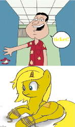 Size: 419x709 | Tagged: safe, derpibooru import, oc, oc only, oc:ticket, alicorn, pony, alicorn oc, family guy, quagmire, rope