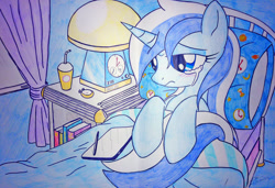 Size: 1024x701 | Tagged: safe, artist:bludraconoid, derpibooru import, minuette, bed, book, crying, sad, solo, traditional art