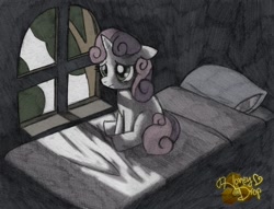 Size: 800x612 | Tagged: safe, artist:honey-drop, derpibooru import, sweetie belle, bed, dark, sad, solo, window