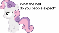 Size: 1575x899 | Tagged: safe, derpibooru import, sweetie belle, bronybait, simple background, solo, text, vector, white background