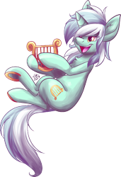 Size: 500x732 | Tagged: safe, artist:fizzy-dog, lyra heartstrings, chest fluff, horseshoes, lyre, smiling, solo