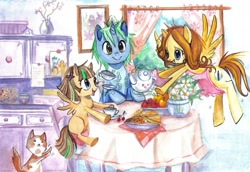 Size: 1741x1198 | Tagged: safe, artist:paulina-ap, derpibooru import, oc, oc only, cat, apron, breakfast, chair, clothes, cup, family, filly, flower, flying, food, grin, magic, open mouth, parent, sitting, smiling, spread wings, table, teapot, traditional art