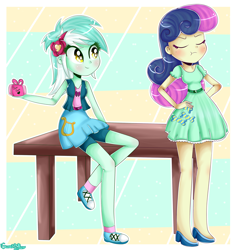 Size: 2304x2456 | Tagged: safe, artist:vixelzf, bon bon, lyra heartstrings, sweetie drops, equestria girls, rainbow rocks, bondere, female, lesbian, lyrabon, shipping, tsundere