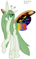 Size: 538x871 | Tagged: safe, artist:faith-wolff, derpibooru import, changeling, changeling queen, mothpony, original species, fanfic:the bridge, butterfly wings, changelingified, colored sclera, colored wings, godzilla (series), kaiju changeling, mothra, mothra lea, multicolored wings, ponified, raised hoof, signature, simple background, smiling, solo, transparent background