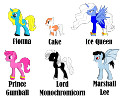 Size: 1740x1370 | Tagged: safe, artist:amx-269, alicorn, bat pony, pony, pony creator, adventure time, bat wings, cake, cake the cat, finn the human, fionna, fionna the human, ice king, ice queen, jake the dog, lady rainicorn, lord monochromicorn, marceline, marshall lee, ponified, prince gumball, princess bubblegum, quality, rule 63, wat