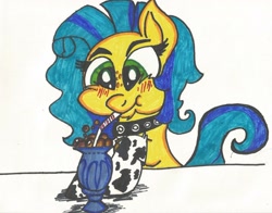 Size: 2141x1680 | Tagged: safe, artist:krazykari, derpibooru import, oc, oc only, oc:milky way, pony, chocolate, female, for sale, mare, milkmare, milkshake, solo, traditional art