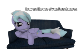 Size: 960x600 | Tagged: safe, artist:pinkie diane roosevelt phd, derpibooru import, cloudchaser, pegasus, pony, 3d, draw me like one of your french girls, female, gmod, mare, sofa, solo, titanic